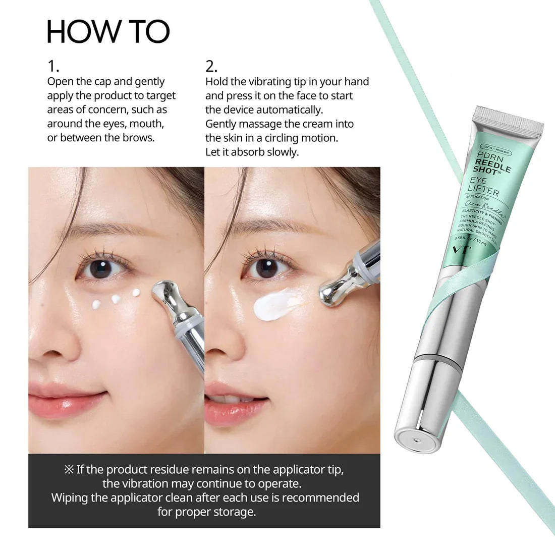 Instructions on how to use a skincare product with close-up of skin and applicator, and a tube of cream.
