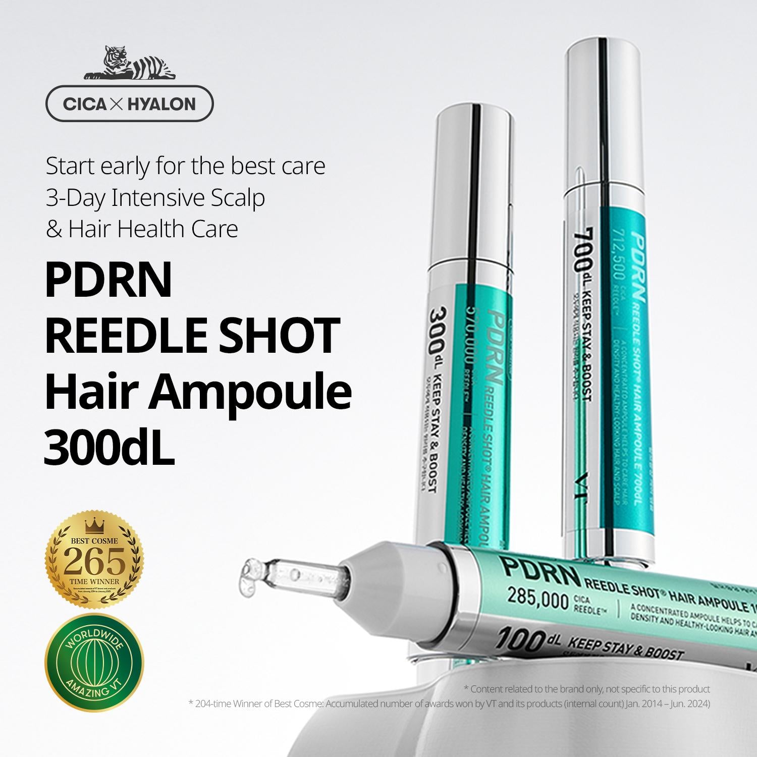 PDRN REEDLE SHOT Hair Ampoule packaging with Cica and Hyalon branding on a light gray background.