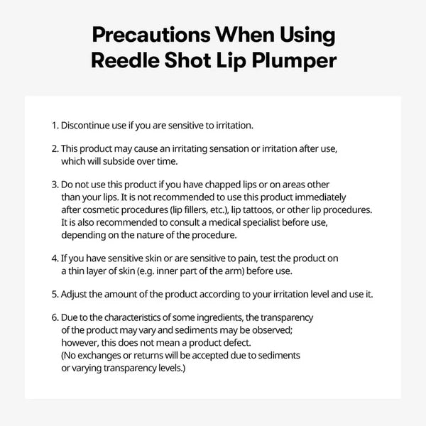 Precautions for using a Reedle Shot Lip Plumper on a white background
