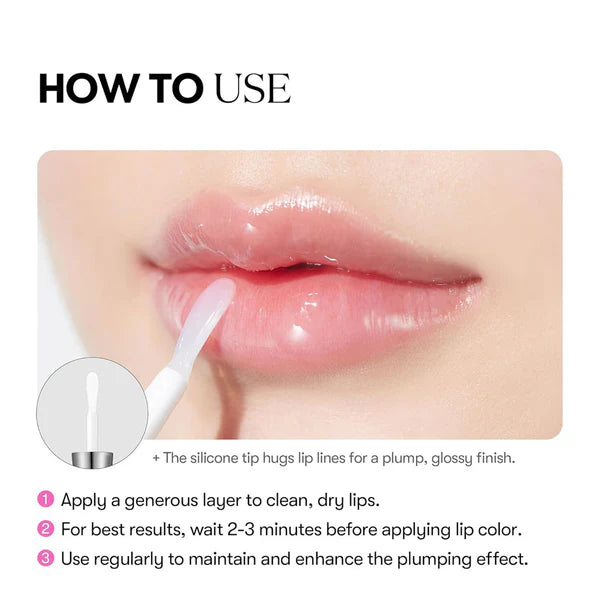Lip gloss application with a silicone applicator on lips, accompanied by usage instructions.