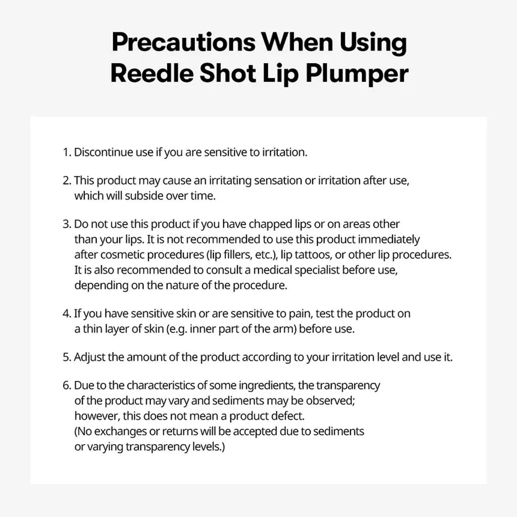 Precautions for using a Reedle Shot Lip Plumper on a white background