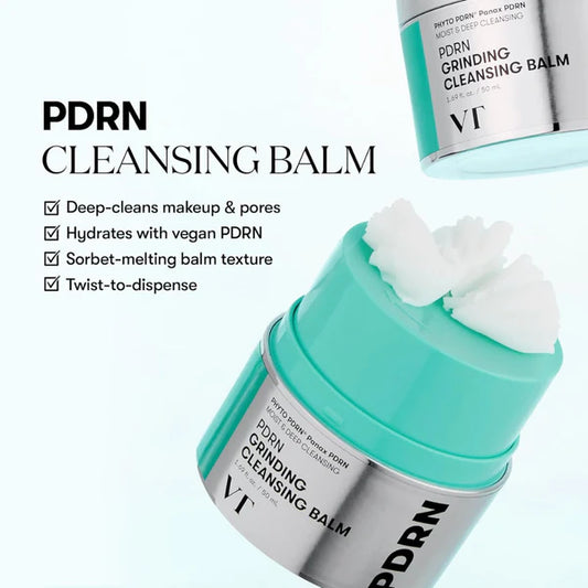 PDRN Cleansing Balm with text highlighting features on a white background