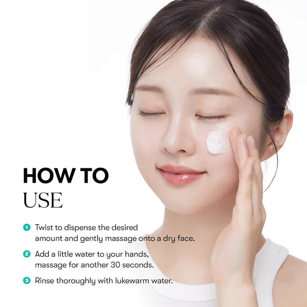 Woman applying cream to her face with text on how to use it.