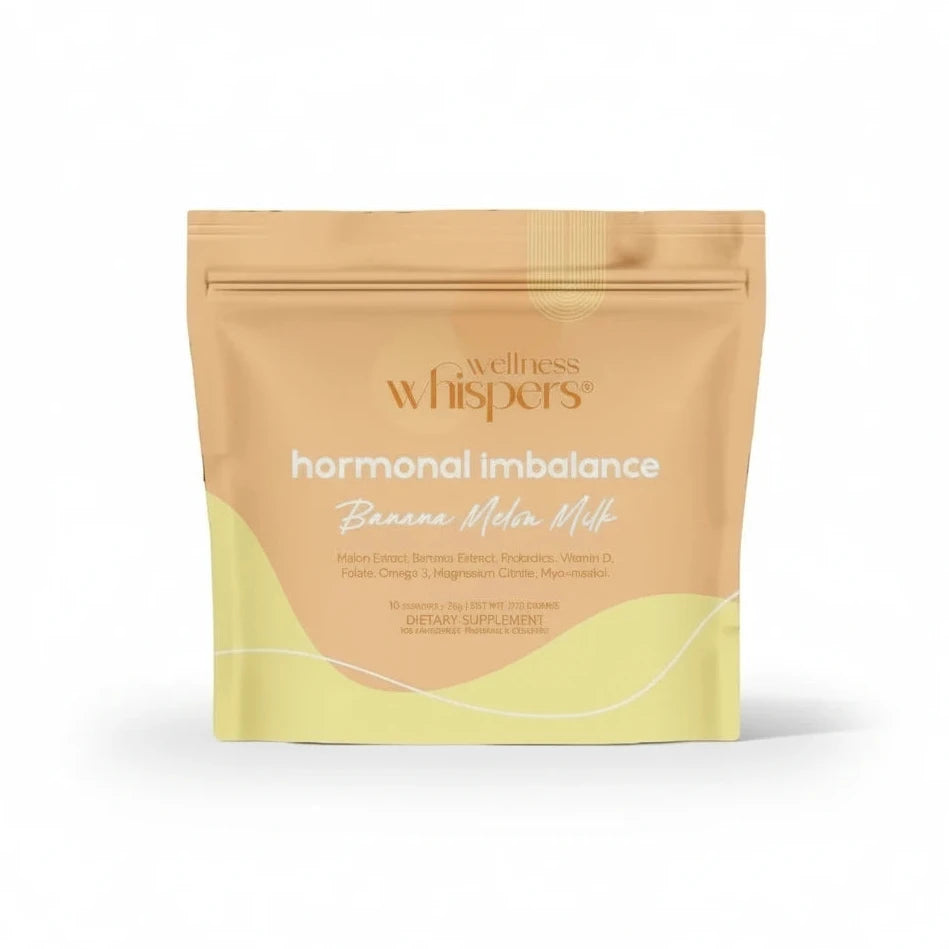 Wellness Whispers hormonal imbalance supplement package with bananas and melon on a yellow background