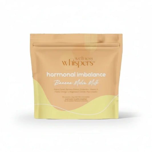 Wellness Whispers hormonal imbalance supplement package with bananas and melon on a yellow background