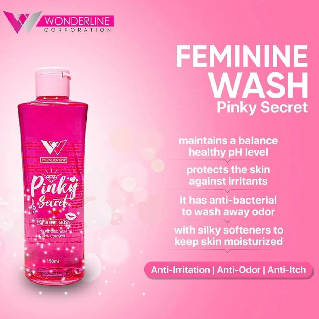 Pink bottle of Feminine Wash with product details on a pink background