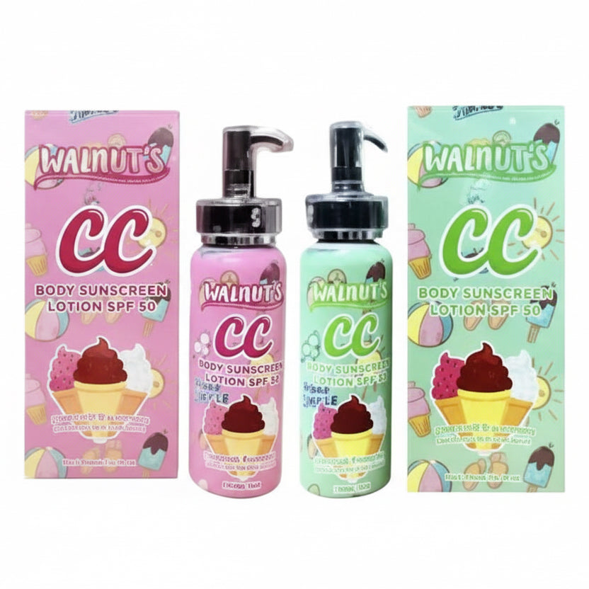 Two bottles of CC cream with packaging featuring cartoon characters on a white background