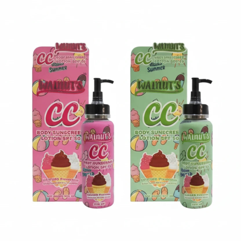Two bottles and their packaging of 'Walnut's CC Lotion' on a white surface with a light yellow background.