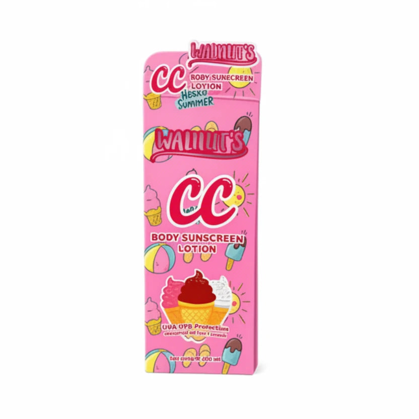 Pink packaging of CC Body Sunscreen Lotion with colorful graphics on a white background