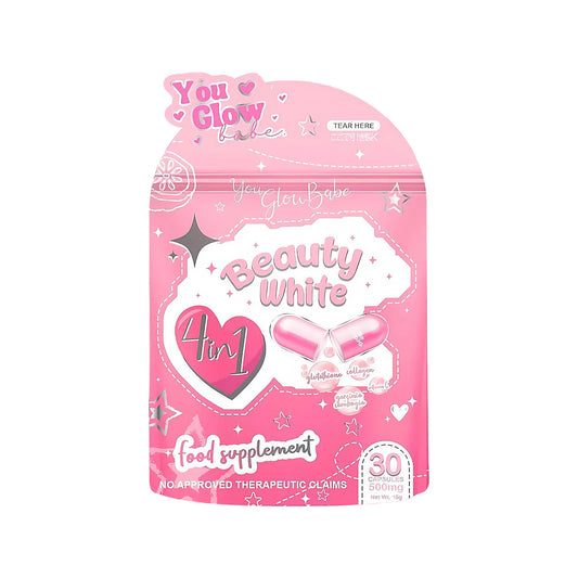 Packaging of 'You Glow Babe Beauty White' food supplement capsules for skin brightening and hydration, with pink background and heart graphics.