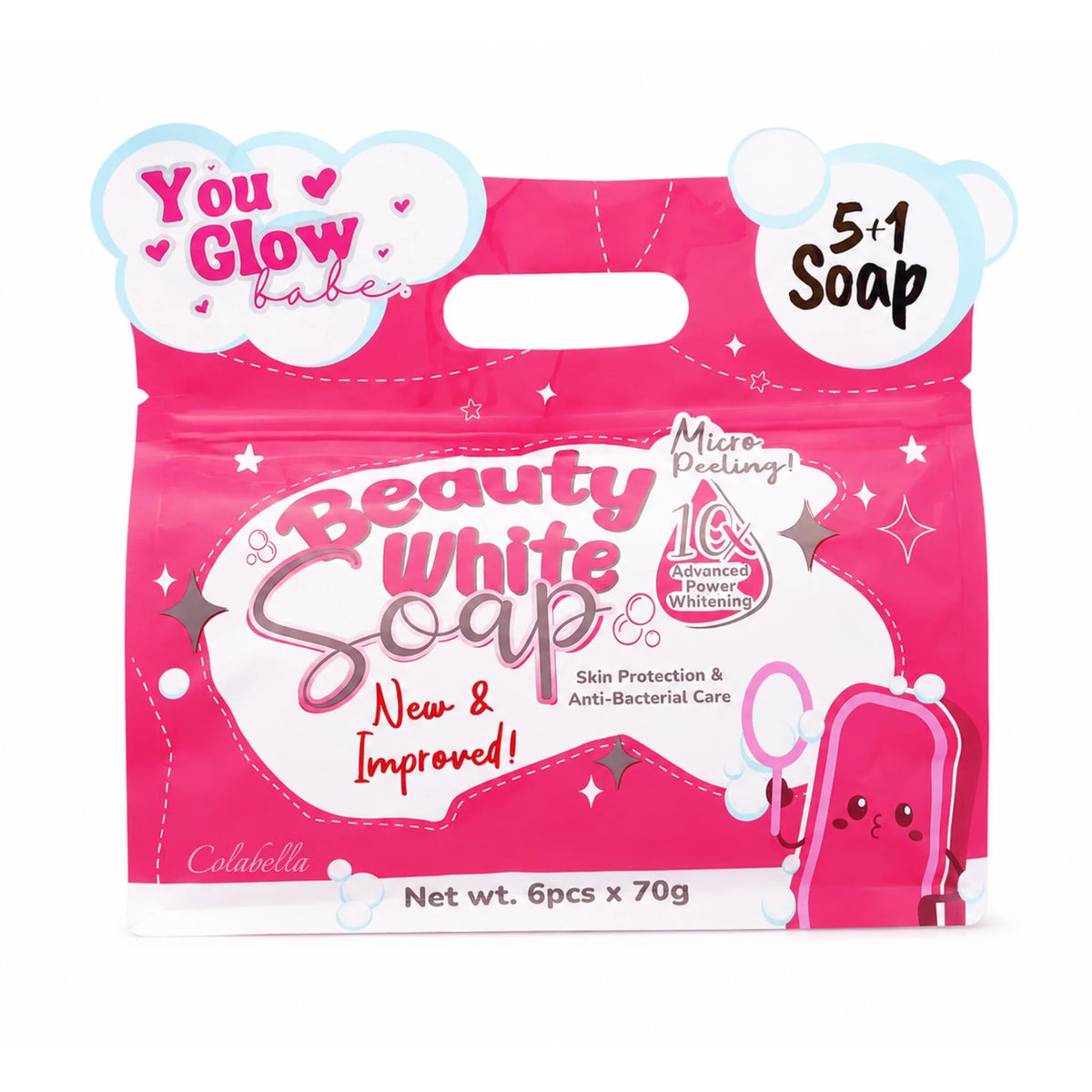 A pink retail package of beauty white soap, featuring a die-cut handle, a cartoon soap bar illustration, and text including 'You Glow babe', '5+1 Soap', and 'Beauty White Soap'.