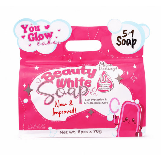 A pink retail package of beauty white soap, featuring a die-cut handle, a cartoon soap bar illustration, and text including 'You Glow babe', '5+1 Soap', and 'Beauty White Soap'.