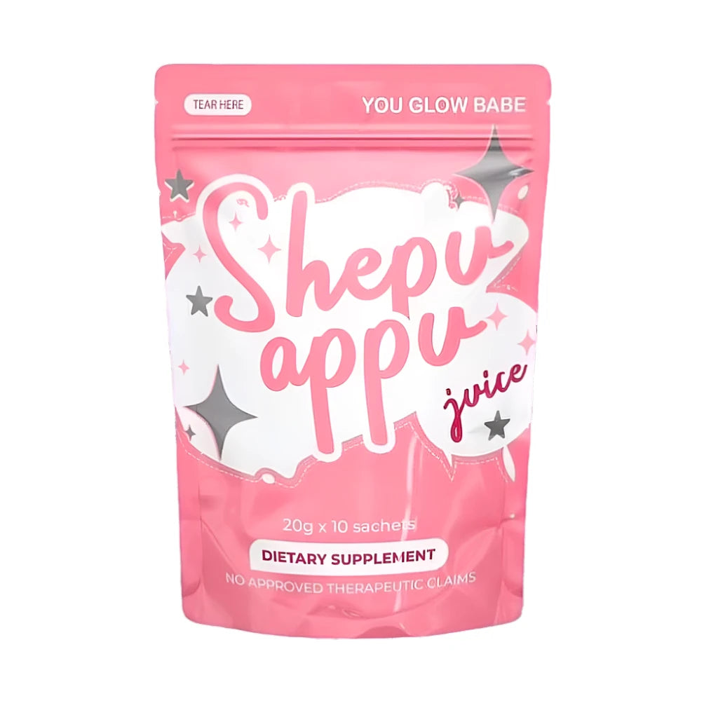 A pack of You Glow Babe Shepu Appu Slimming Juice with pink and white color scheme and decorative stars.