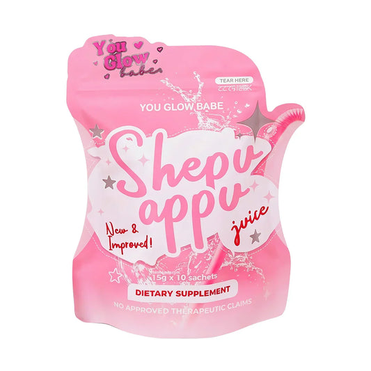 Pink package of 'Shepu appu juice' dietary supplement with branding text on a white background