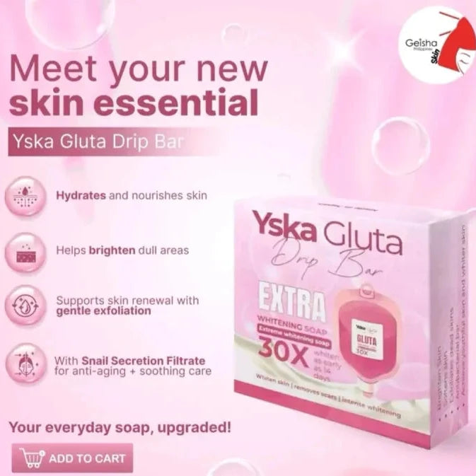 Yska Gluta Drip Bar packaging on a pink background with product features listed.