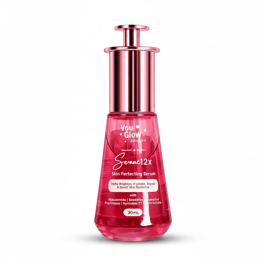 A 30ml bottle of You Glow by London Senec12x Skin Perfecting Serum, featuring a metallic rose gold pump and a pink translucent bottle, set against a soft pink gradient background.