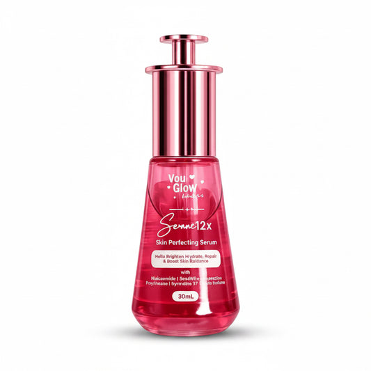 A 30ml bottle of You Glow by London Senec12x Skin Perfecting Serum, featuring a metallic rose gold pump and a pink translucent bottle, set against a soft pink gradient background.