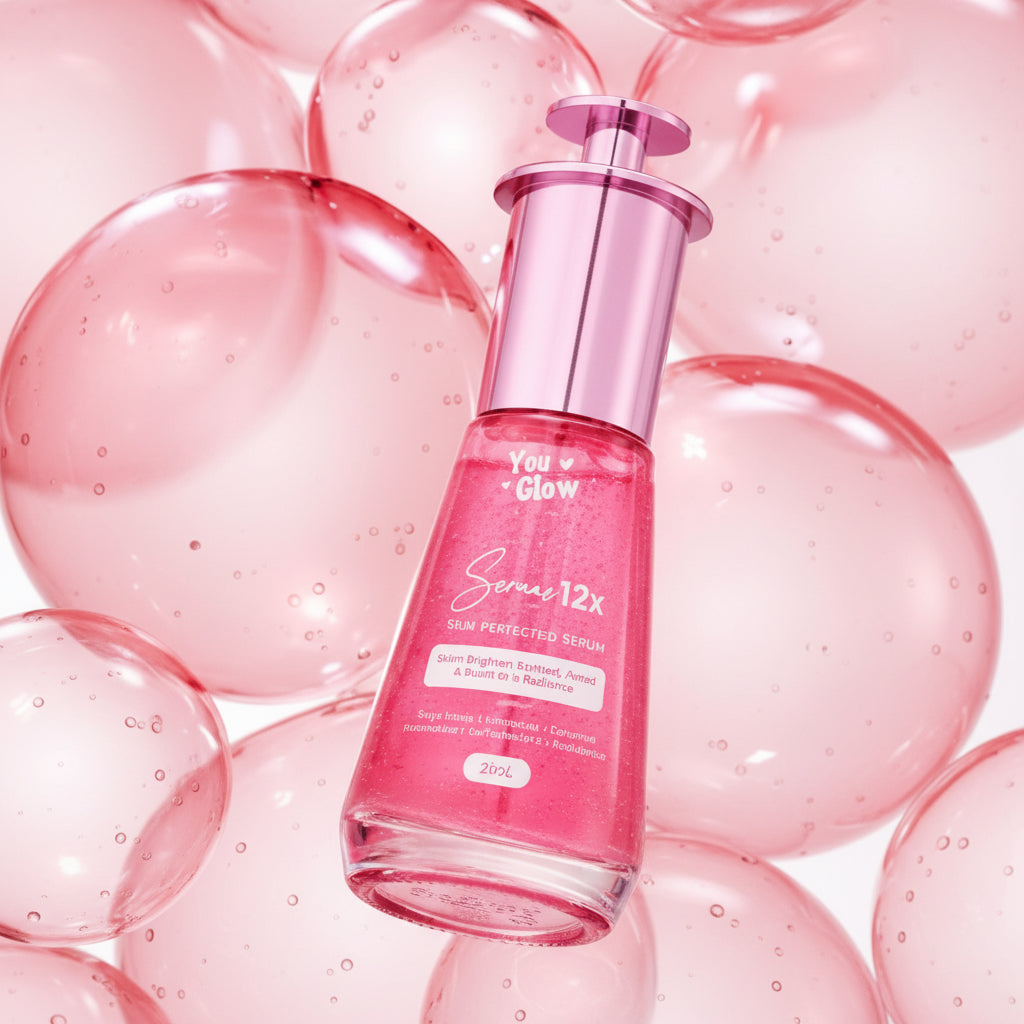 A pink cosmetic bottle labeled 'You & Glow' and 'Super 12x' with a metallic pink cap, set against a soft pink background with translucent bubble-like shapes.