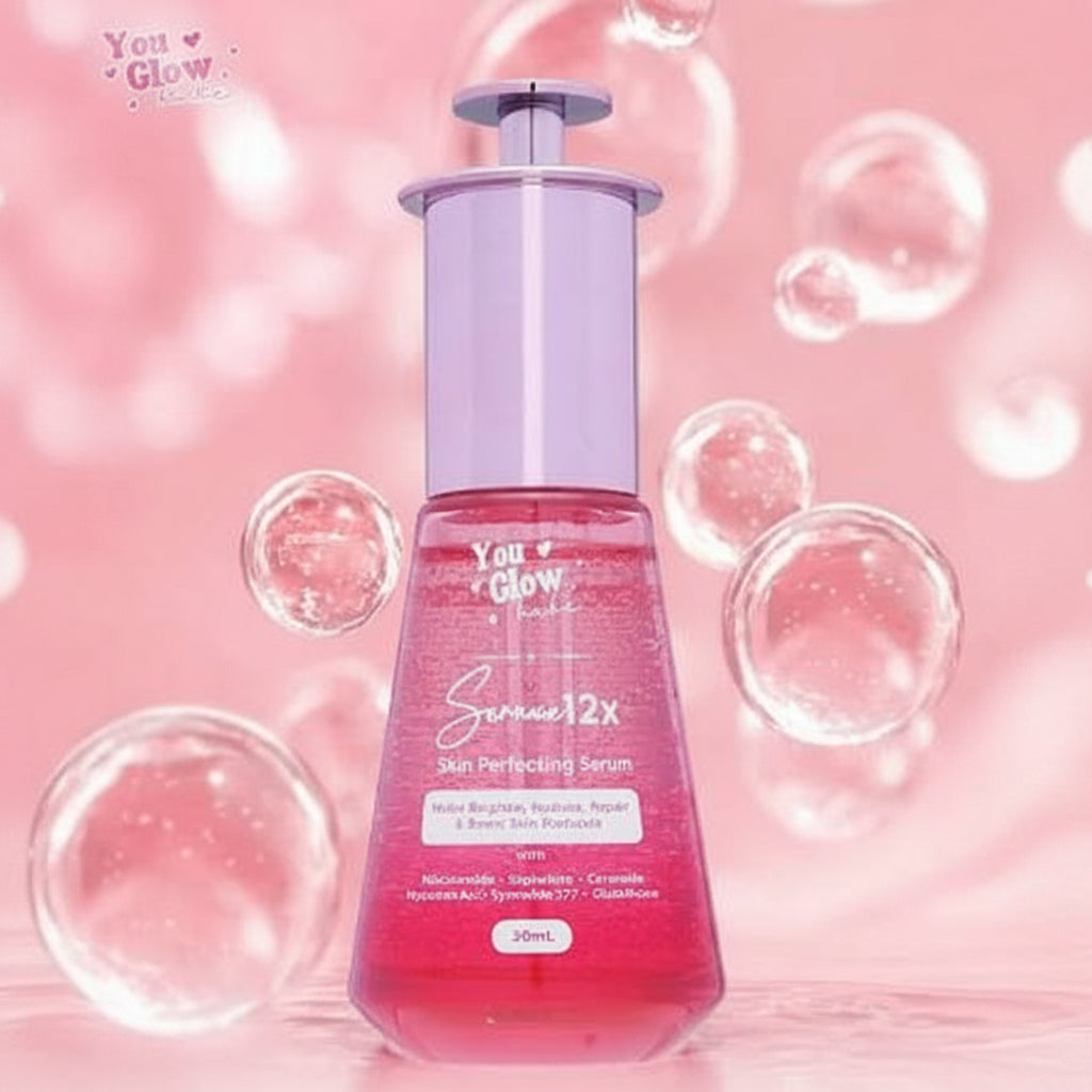 A bottle of You Glow Serum 12X Skin Perfecting Serum, filled with pink liquid and featuring a lavender-purple pump dispenser, set against a pink background with floating decorative bubbles.