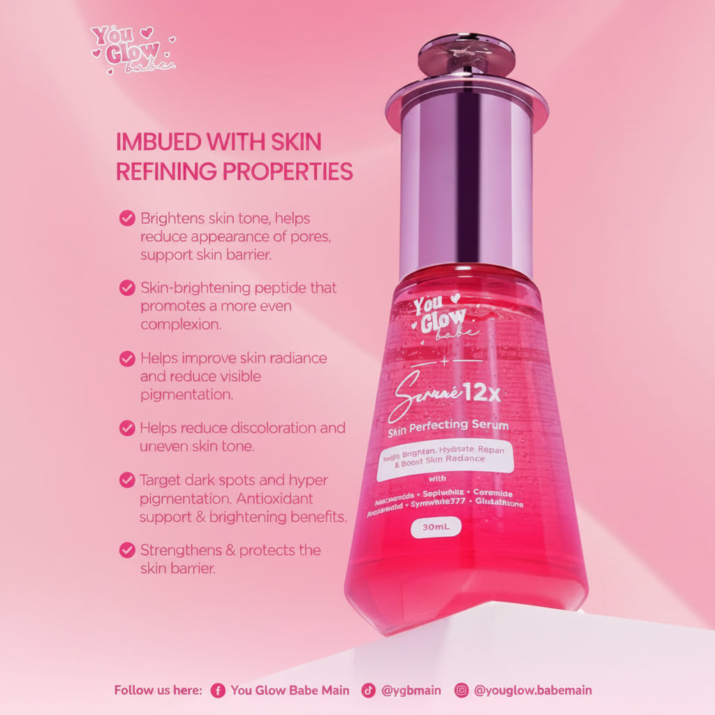 You Glow Babe Summe 12x Skin Perfecting Serum bottle on a pink gradient background with promotional text describing its skin-refining properties.