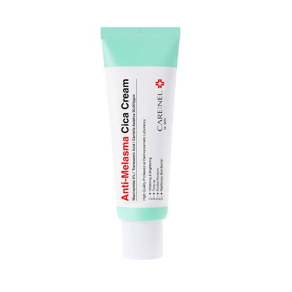 A tube of CARE:NEL Anti-Melasma Cica Cream with a predominantly white label and green tube color, featuring Korean text and branding.