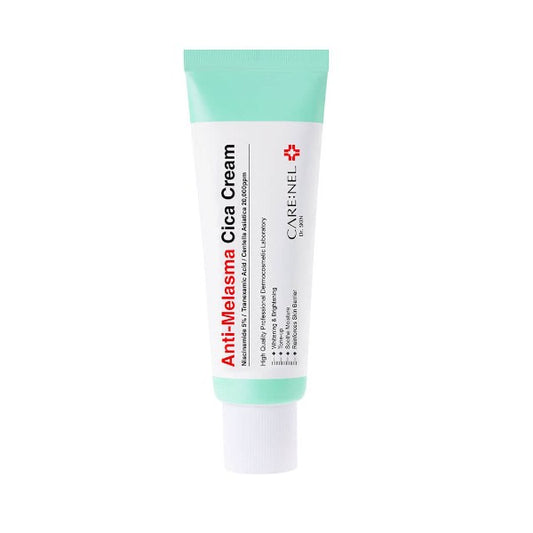 A tube of CARE:NEL Anti-Melasma Cica Cream with a predominantly white label and green tube color, featuring Korean text and branding.