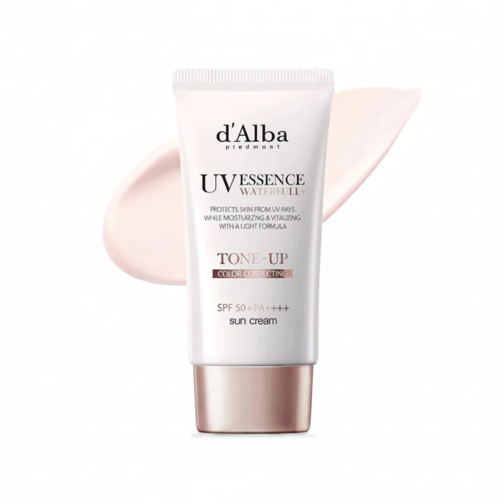 A pump bottle of d'Alba UV Essence Waterfull Tone-Up Sun Cream with a pinkish tone, indicating moisturizing and brightening effects.