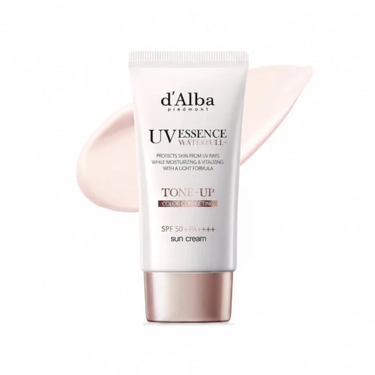 A pump bottle of d'Alba UV Essence Waterfull Tone-Up Sun Cream with a pinkish tone, indicating moisturizing and brightening effects.