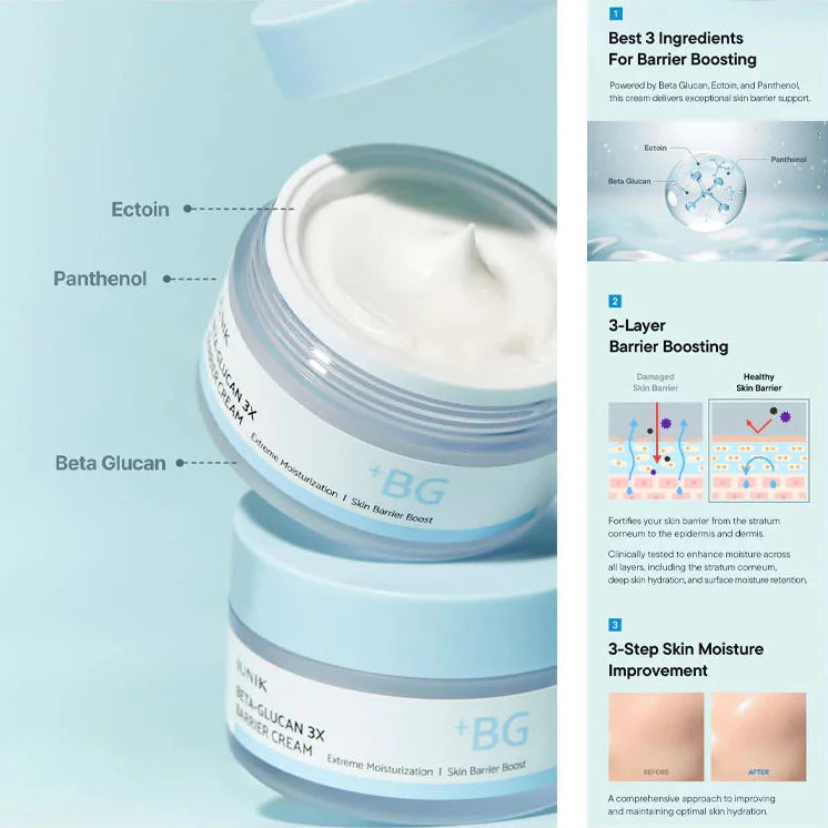 Skincare cream jar with ingredients labeled on a light blue background