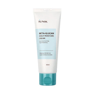 A tube of iUNIK Beta Glucan Daily Moisture Cream with a white body and blue cap, labeled for skin care.