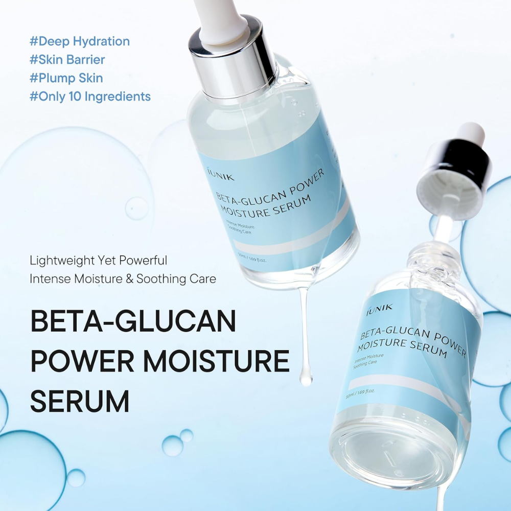 Beta-glucan power moisture serum with dropper bottles on a light blue background