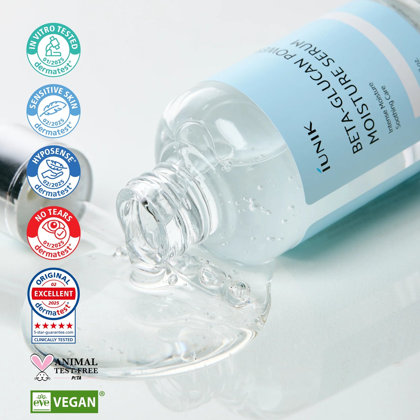 iUNIK skincare serum bottle with product and certification logos on a white background