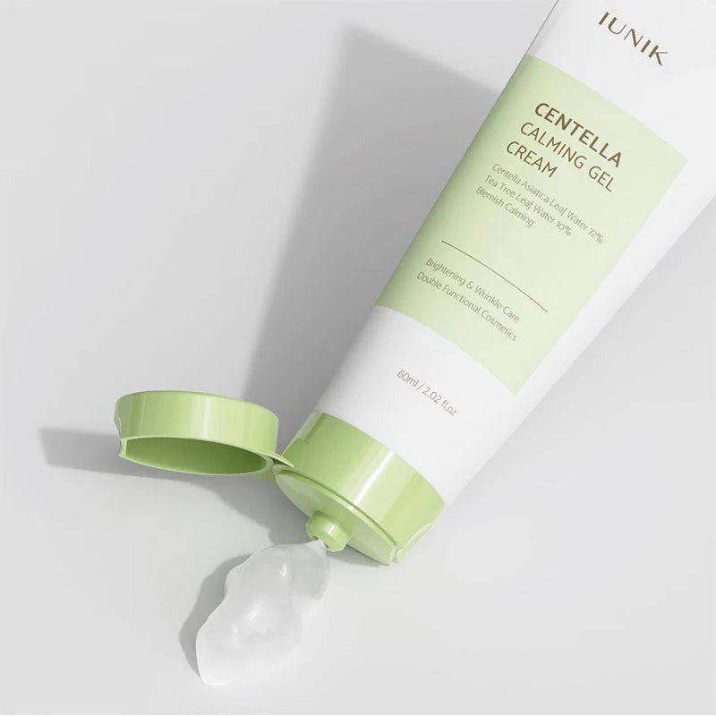Tube of Unik Centella Calming Gel Cream with a portion of cream on a white background