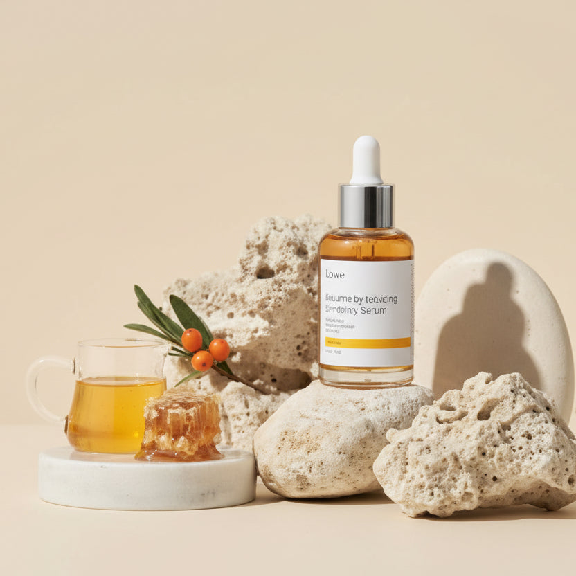 Serum bottle with natural elements on a beige background