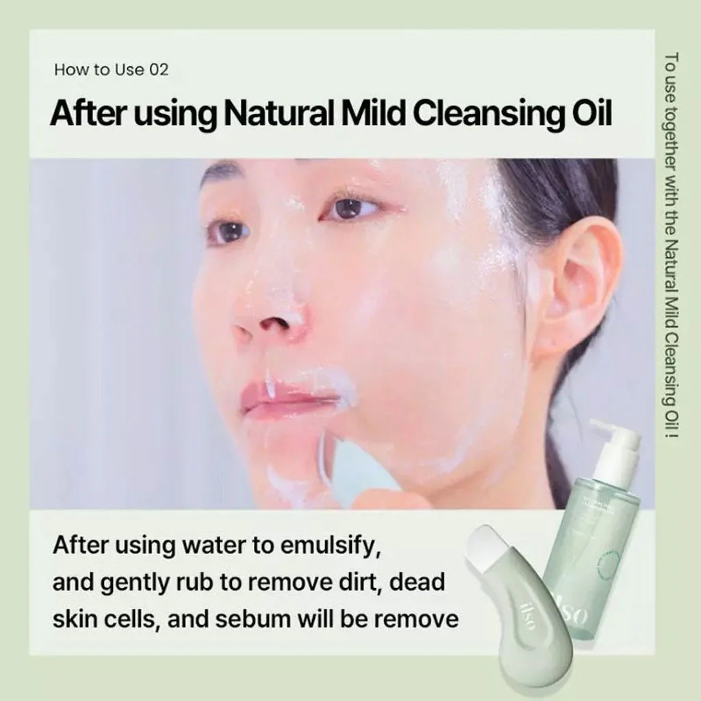 Instructions on using natural mild cleansing oil with a person's face and cleansing products displayed.
