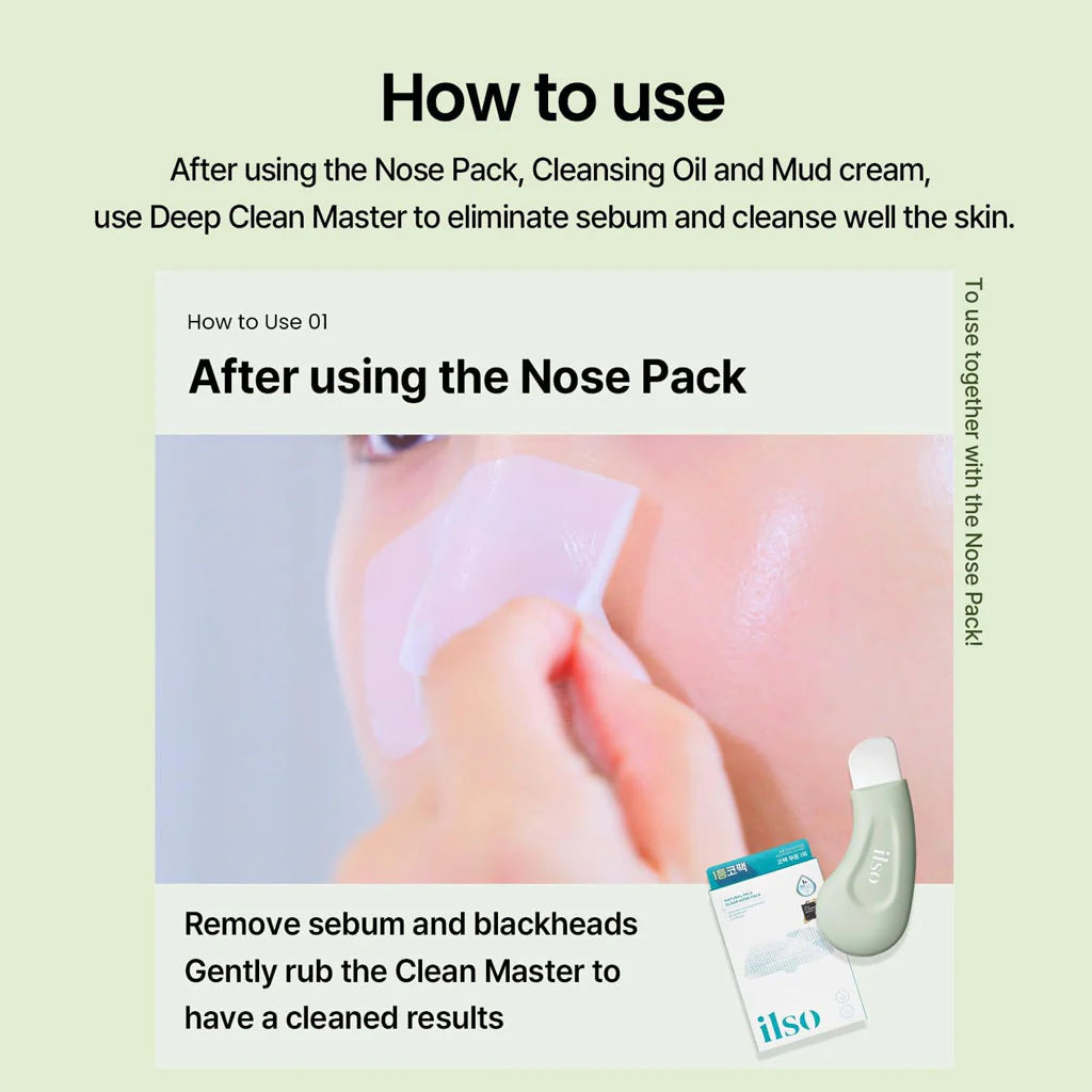 Instructions on using skincare products with a focus on a nose pack and Deep Clean Master.