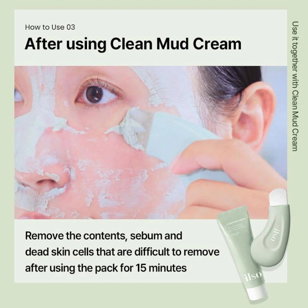 Instructions on using clean mud cream with a close-up of a person applying it to their face.
